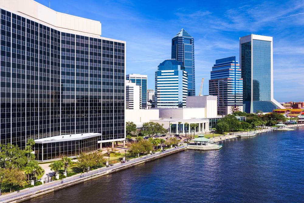 Jacksonville, Florida, USA downtown city skyline on St. Johns River.